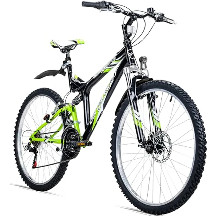 Bergsteiger Buffalo 26 Zoll Mountainbike, 18 Gang-Schaltung, vollgefederter Hi-Ten Stahlrahmen, Scheibenbremse, Licht, Schutzblech, geeignet ab 155 cm – Bild 1