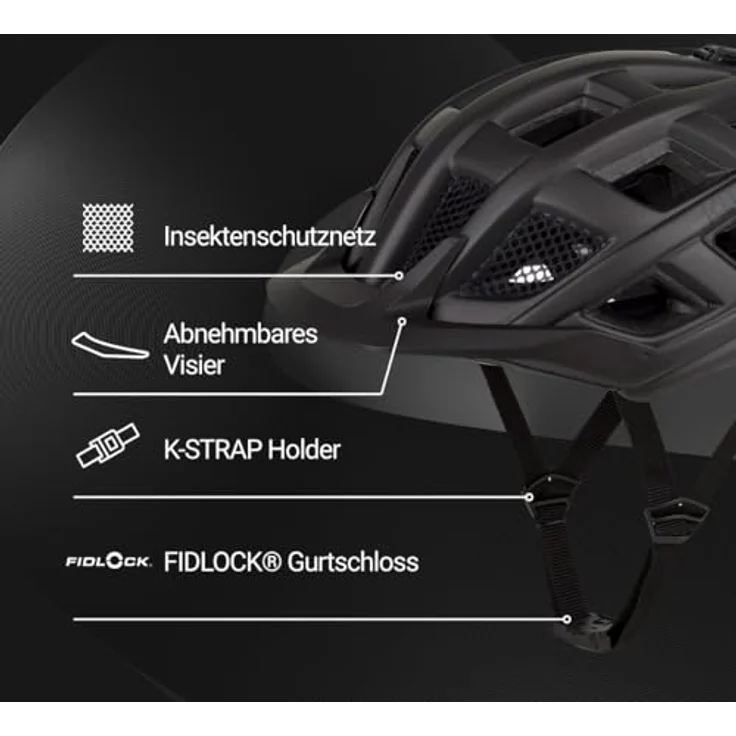 KED Crom Fahrradhelm, für Mountainbike und Trekking, mit LED Rücklicht, FIDLOCK Verschluss, Insektenschutznetz, Farbe: Black Matt, Größe: 60-65 (XL) – Bild 2