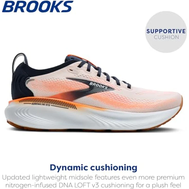 Brooks Adrenaline GTS 25 Herren Laufschuh, Komfortables Design mit DNA LOFT v3-Dämpfung und GuideRails Technologie, White/Spellbound/Orange, Größe 42.5 – Bild 2