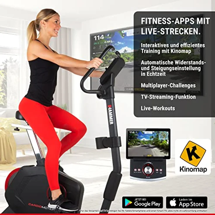 HAMMER Ergometer Cardio Motion BT, leises Fitnessfahrrad mit tiefem Einstieg und Comfort-Sattel, geeignet als Heimtrainer für Senioren, Bluetooth und App-Steuerung, Tablethalterung, 110 x 52 x 140 cm – Bild 5