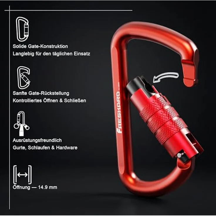 FresKaro 3inch Auto-Lock Aluminium Karabiner mit Twist Lock, Gewichtsklasse 1224kg, für Hängematten, Yoga Swing, Camping und Schlüsselbund, rot – Bild 3