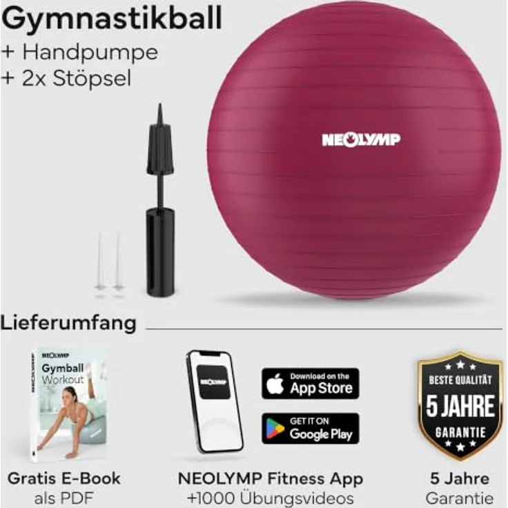 NEOLYMP Gymnastikball - Sitzball Büro ergonomisch, S Größe (Berry) - bis 300 kg belastbar, rutschfest & Anti Burst, vielseitig einsetzbar für Pilates, Yoga und Homeoffice – Bild 2