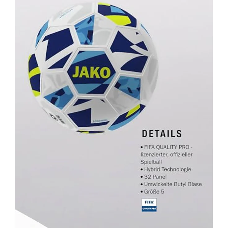 JAKO Spielball Iconic Größe 4, FIFA BASIC-zertifiziert, weiß/Navy/Neongelb, langlebig mit Hybrid-Technologie – Bild 4
