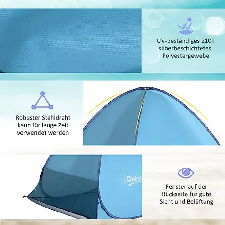 Outsunny Strandmuschel Pop Up Zelt, automatische Strandmuschel für 2-3 Personen, stabil und transportabel, blau 200 x 150 x 119 cm – Bild 5