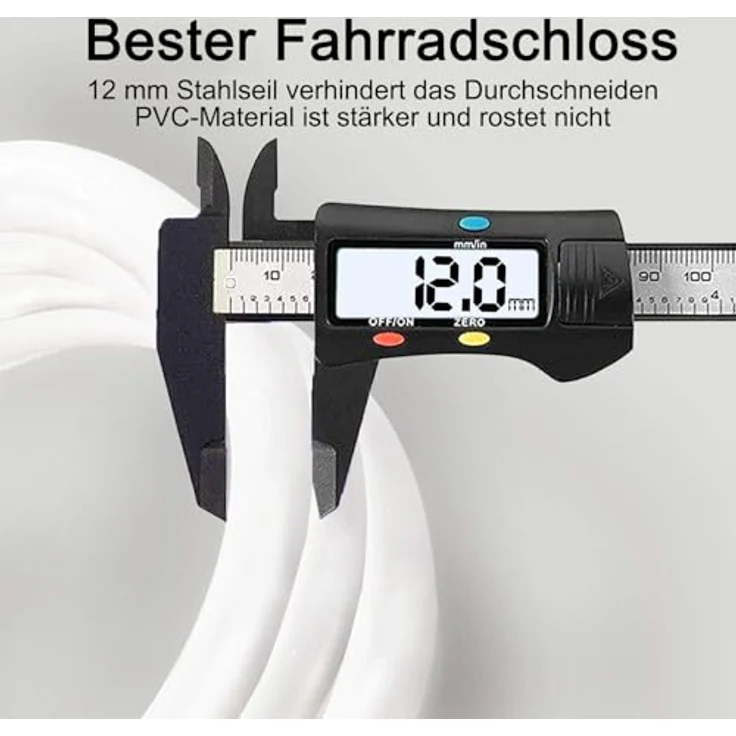 REHKITTZ Fahrradschloss 120 cm / 12 mm Kabelschloss, sehr hohe Sicherheitsstufe mit 5-stelligem Zahlencode, inklusive Befestigungsbügel, weiß – Bild 2