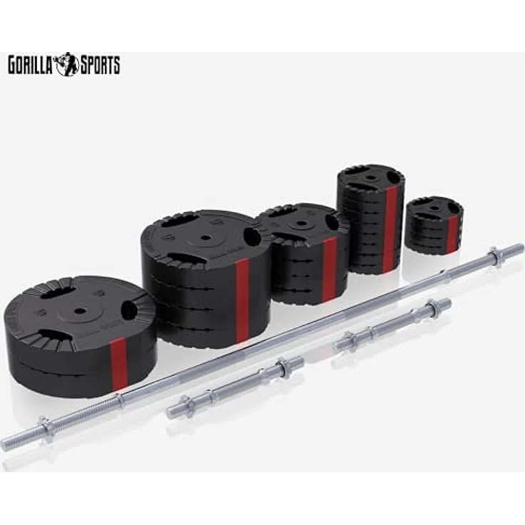 GORILLA SPORTS® Hantelset 130kg - Langhantelstange 170cm, 2 Kurzhanteln, 30mm Hantelscheiben aus Kunststoff, mit Sternverschlüssen - Schwarz - Fitness Gewichte – Bild 2