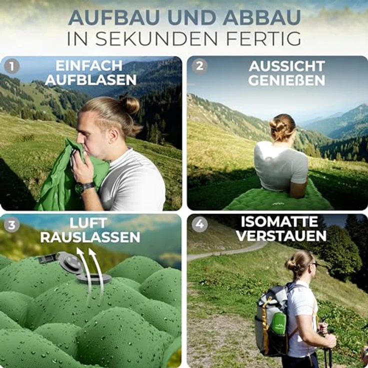 Alpenwert® Isomatte Outdoor, ultraleichte aufblasbare Luftmatratze mit kleinem Packmaß für Camping & Backpacking, ergonomisch geformt (Grün) – Bild 4