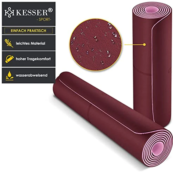 KESSER® Gymnastikmatte mit Tragegurt rutschfest TPE Yogamatte Gepolstert & rutschfest Fitnessmatte, 183 x 61 Trainingsmatte für Fitness Sportmatte, Pilates & Gymnastik Workout extradick (Bordeaux) – Bild 2