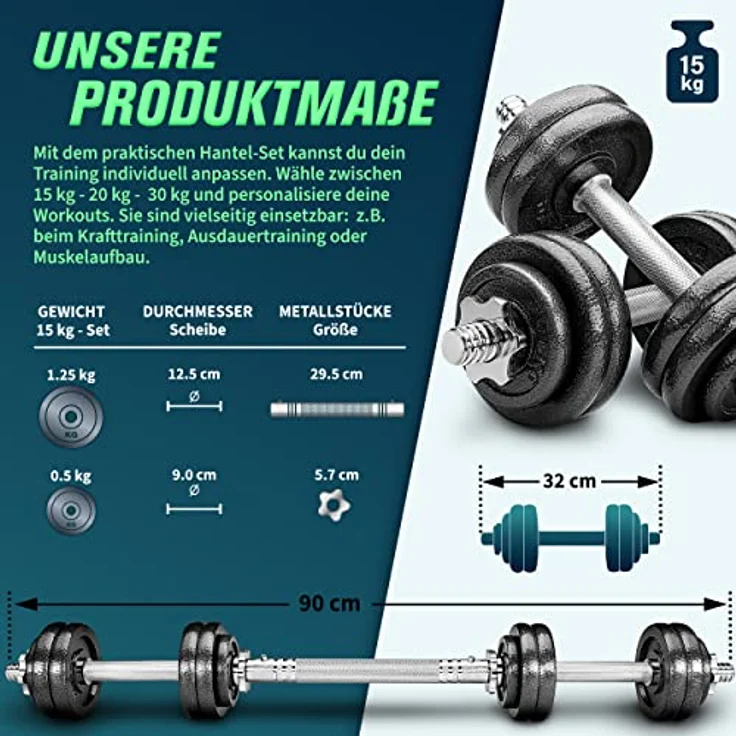 RE:SPORT 2 in 1 Hanteln Set 15 Kilogramm | Hantelset Gusseisen verstellbar | Kurzhantel & Langhantel | Sternverschlüsse & Verbindungsrohr – Bild 4