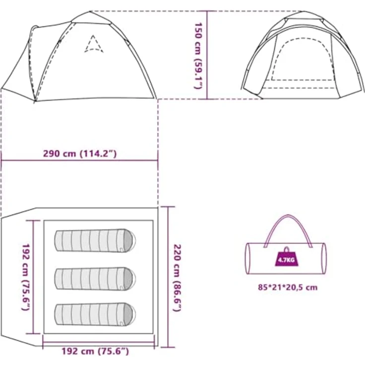 vidaXL Kuppel Campingzelt 3 Personen, Quick-Release-System, wasserdichtes Wurfzelt mit E-Anschluss Überzelt, Blau, 190T Polyester – Bild 3