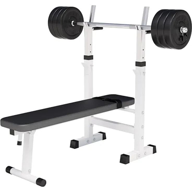 GORILLA SPORTS® Hantelbank - inkl. Hantelset 38/70/100kg, Ablage, Dip-Station, Höhenverstellbar, Klappbar, bis 200kg, Schwarz/Weiß - Trainingsbank mit Langhantelset, Drückerbank, Schrägbank, Flachbank