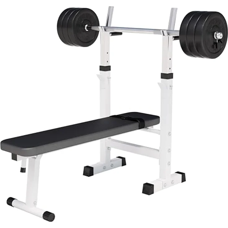 GORILLA SPORTS® Hantelbank - inkl. Hantelset 38/70/100kg, Ablage, Dip-Station, Höhenverstellbar, Klappbar, bis 200kg, Schwarz/Weiß - Trainingsbank mit Langhantelset, Drückerbank, Schrägbank, Flachbank – Bild 1
