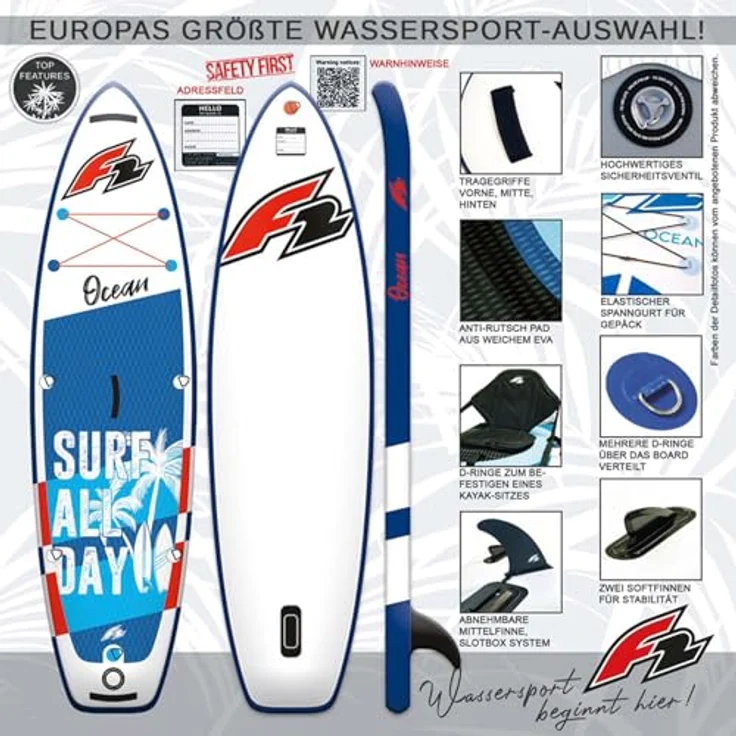 F2 Junior SUP Stand Up Paddle Board Ocean Boy 8'2'', aufblasbar, blau, mit Diamond Pad und inklusive Paddel, Pumpe und Tasche – Bild 3