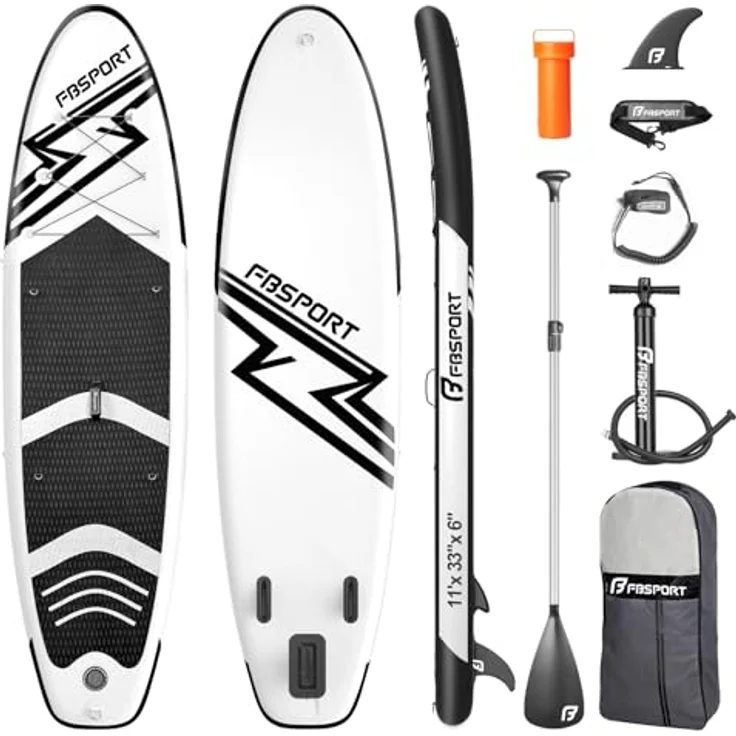 FBSPORT Aufblasbares SUP Board, Stand Up Paddling Board 15CM Dick, inkl. verstellbarem Aluminium Paddel und Pumpe, Schwarz-Weiß – Bild 1