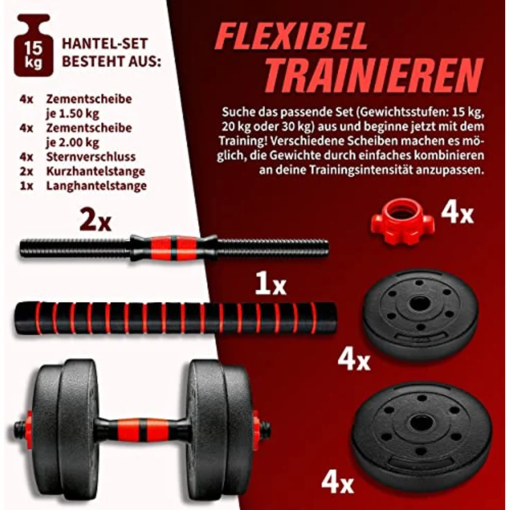 RE:SPORT 2 in 1 Hanteln Set 15 kg | Hantelset verstellbar | Kurzhantel & Langhantel | Sternverschlüsse & Verbindungsrohr – Bild 4