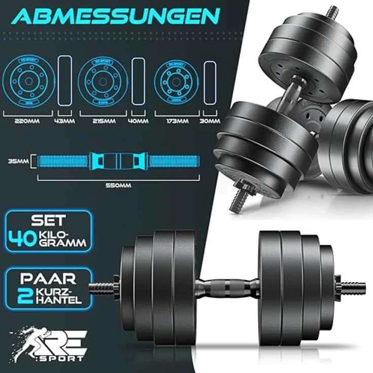 RE:SPORT 2er Hanteln Set verstellbar, 15/20/30/40 kg, mit rutschfestem Griff und 4 Sternverschlüssen, Fitness Kurzhanteln für Muskelaufbau & Workout Zuhause – Bild 2