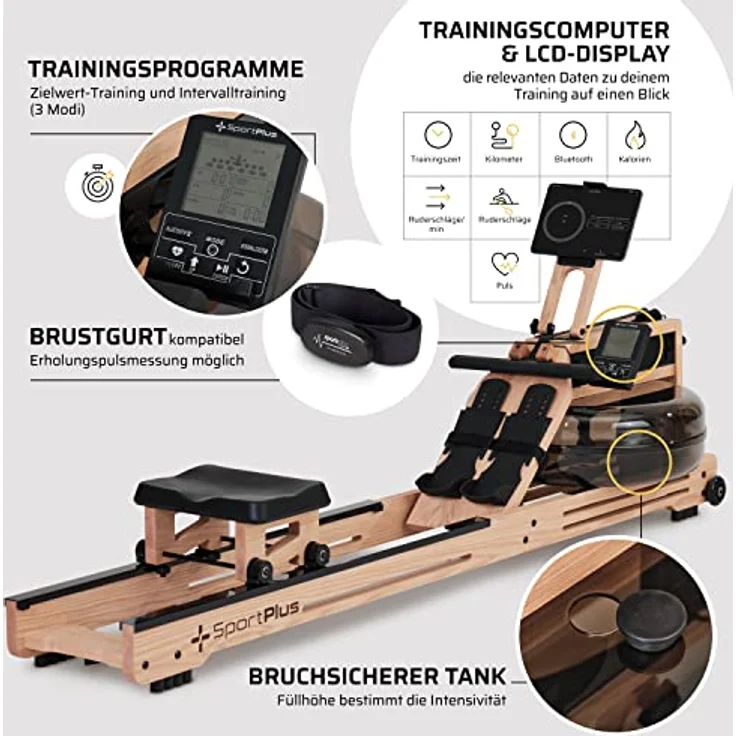 SportPlus | Wasser-Rudergerät für zuhause aus Natur-Massivholz (Eiche) | Holz-Rudergerät mit Trainingscomputer (App-kompatibel), hohe Qualität & Zeitloses Design - SP-WR-1800 – Bild 5