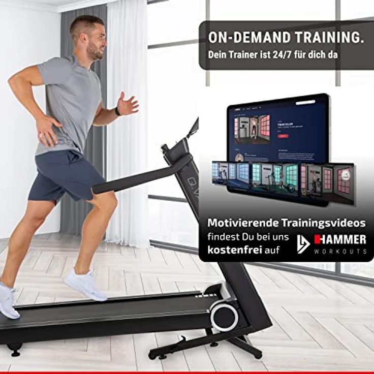 HAMMER Laufband Q. VADIS 10.0, 90% vormontiertes Laufband, senkrechte Klappfunktion, 15,6 Zoll Farb-TFT Touch Screen, App-Steuerung, Kinomap, Zwift, 30 Programme, 7,5 PS, 22 km/h – Bild 2