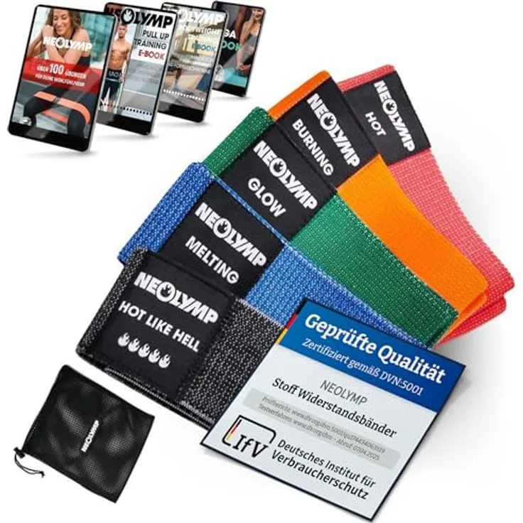 NEOLYMP Kurze Fitnessbänder Stoff, 5er Set mit waschbaren Resistance Bands in rot, orange, grün, blau und schwarz, inkl. Fitness Trainingsprogramm E-Book