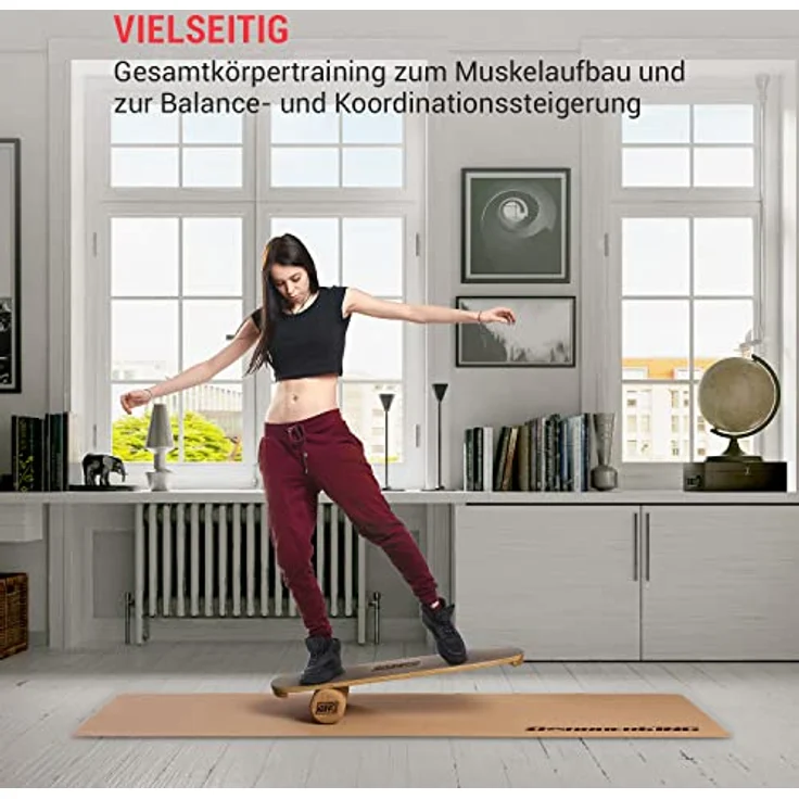 BoarderKING Indoorboard - Balance Board für Indoor-Surfen und Skaten, Gleichgewichtsboard für NeuroMuscular Response Training, inkl. Schutzmatte, 100 mm x 40 cm (Ø x L), walnuss – Bild 2