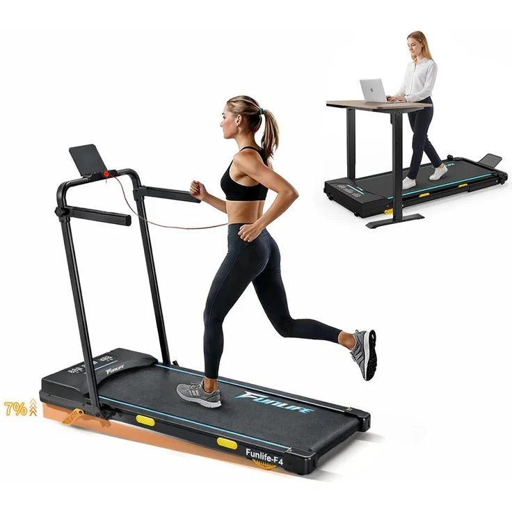 FunLife F4 Laufband klappbar, Walking Pad mit 7 % Steigung, 1-12 km/h, App-Steuerung, Bluetooth, Doppelgriff-System, blauer 2,5 HP Motor