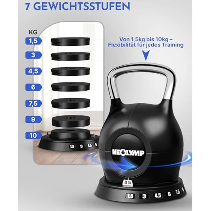 NEOLYMP 7-in-1 Kettlebell Set 1,5-20 kg, verstellbare Kugelhantel mit robustem Edelstahl-Handgriff und Sicherheitsmechanismus – Bild 3