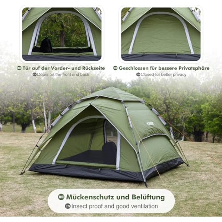 Yorbay 2 in 1 Pop Up Camping Zelt für 2-3 Personen, doppelwandig Wasserdicht UV-Schutz Kuppelzelt Grün – Bild 5