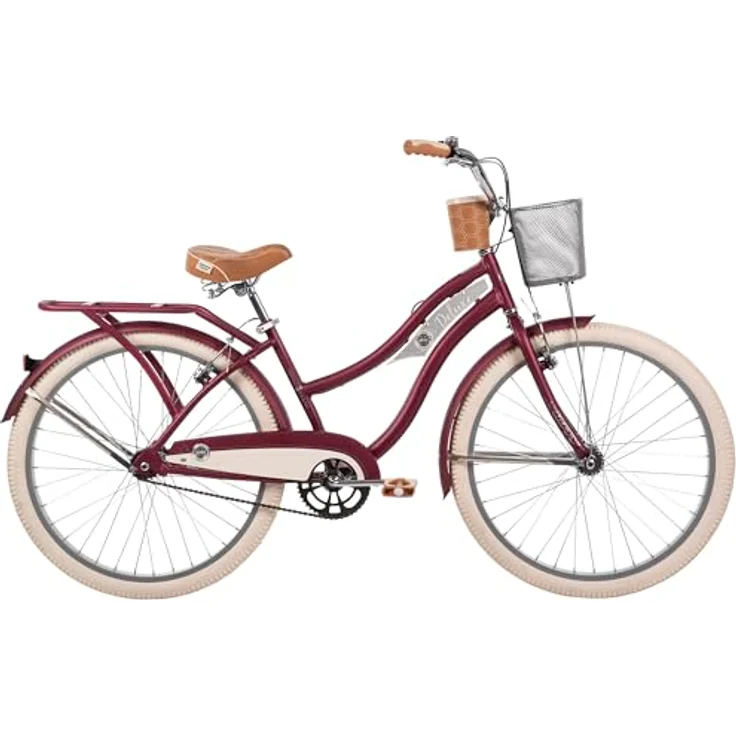 Huffy Deluxe 26" Cruiser Bike, Singlespeed Fahrrad mit Lenkerkorb und Gepäckträger, Matt Dark Berry – Bild 3