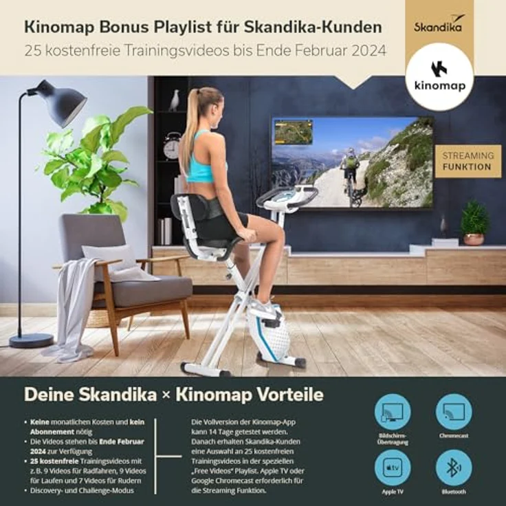 skandika Foldaway X-1000 PLUS Fitnessbike Heimtrainer X-Bike mit Handpuls-Sensoren, Bluetooth Computer, Tablet-Halterung, Rückenlehne (weiß/blau) – Bild 3