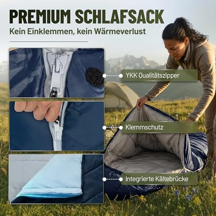 ALPENWERT® Schlafsack Sommer Ultraleicht, wasserabweisend, YKK Reißverschluss, Kältebrücke, 220x80cm, marineblau/grau innen – Bild 5