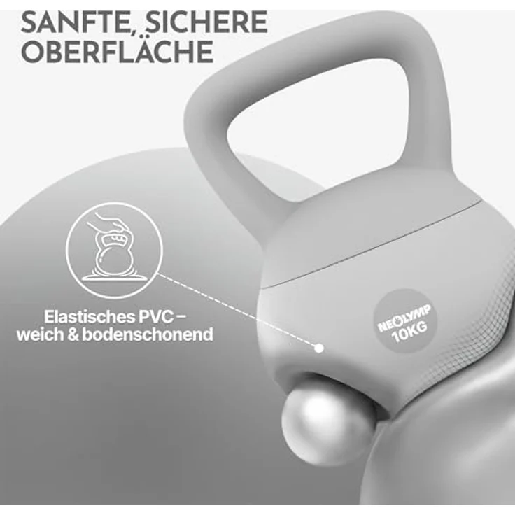 NEOLYMP Soft Kettlebell 10 kg, bodenschonend & leise mit ergonomischem Softgriff, stoßdämpfende Kugelhantel für Homegym (Grau) – Bild 5