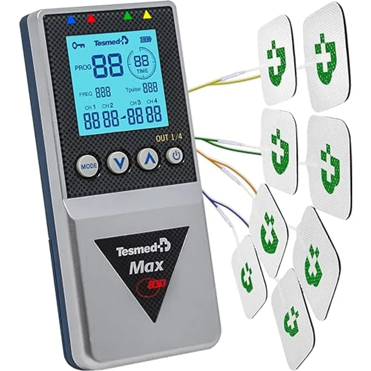 TESMED Max 830, Professionelles TENS/EMS/Massagegerät mit 4 Kanälen, 115 Programmen, 20 anpassbaren Programmen, wiederaufladbar, inkl. 20 Elektroden – Bild 1