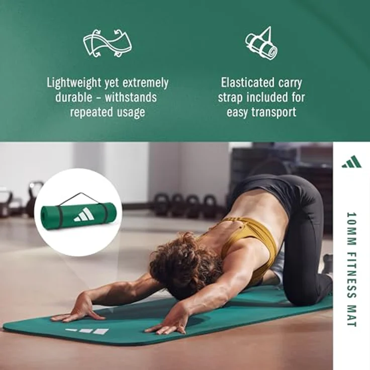 Adidas Fitness Mat 10mm, Yogamatte in Dunkelgrün mit rutschfester Oberfläche und elastischem Tragegurt – Bild 5