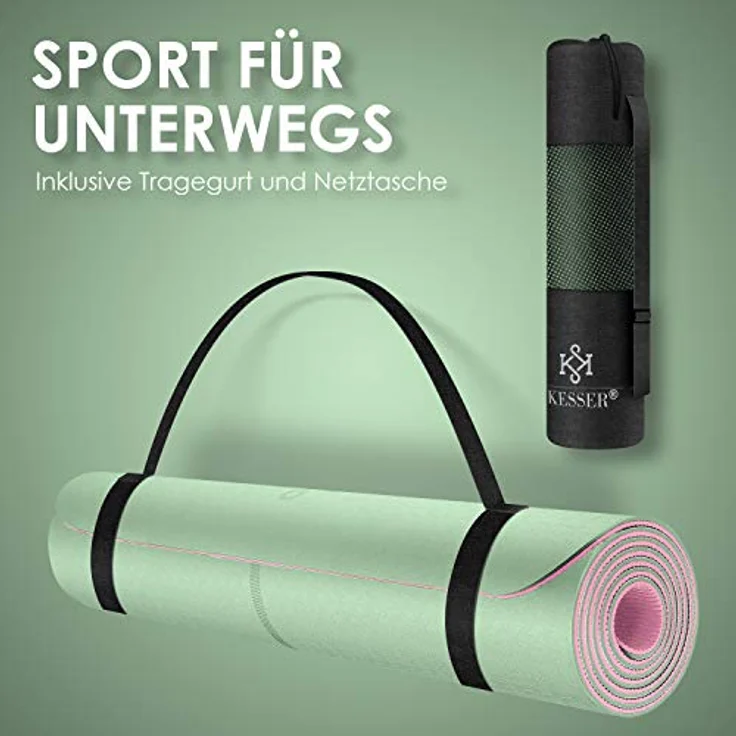 KESSER® Gymnastikmatte mit Tragegurt rutschfest TPE Yogamatte Gepolstert & rutschfest Fitnessmatte, 183 x 61 Trainingsmatte für Fitness Sportmatte, Pilates & Gymnastik Workout extradick (Mint/Rose) – Bild 5