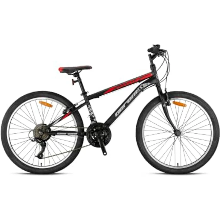 T&Y Trade GRN26-032 Kinderfahrrad 24 Zoll, MTB Mountainbike mit 21 Gang Microshift Kettenschaltung, roter Stahlrahmen, Seitenständer