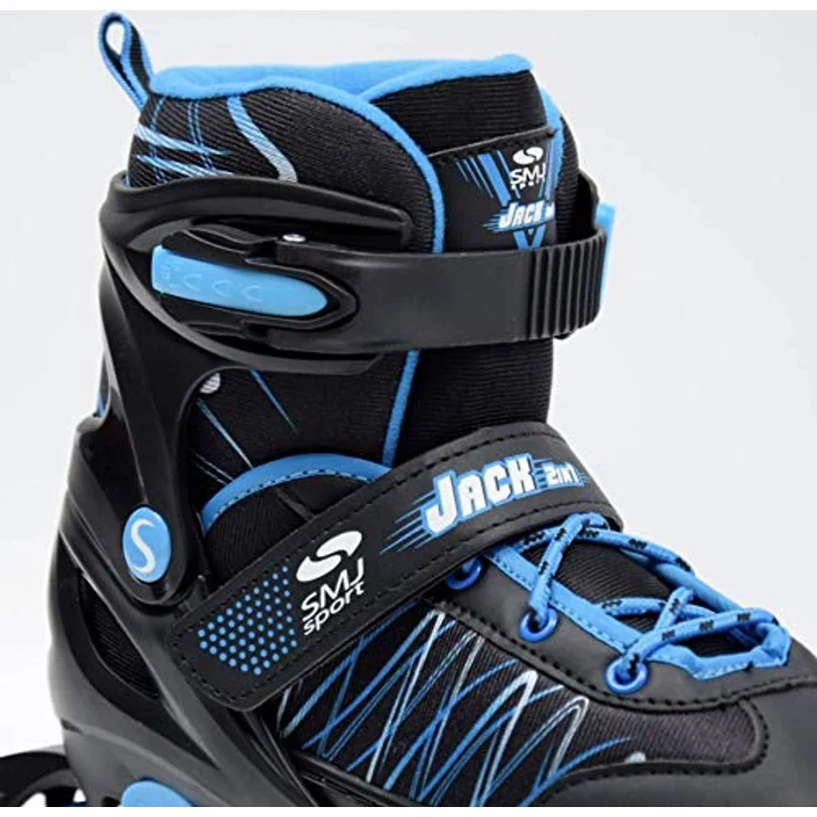 SMJ 2in1 Schlittschuhe + verstellbare Rollen JACK, Schwarz + Blau, für Kinder, verstellbare Größe 26-29, AUTO LOCK-Schnalle, Aluminium-Rollen, ABEC-5-Lager – Bild 3