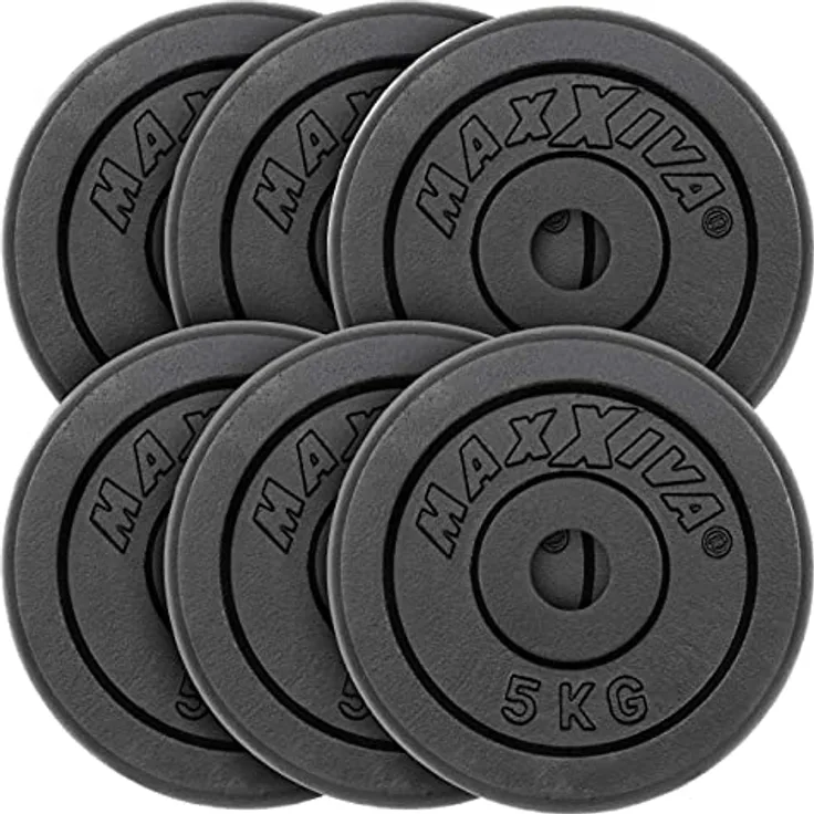 MAXXIVA Hantelscheiben 6er Set Gewichtsplatte je 5 kg Gusseisen schwarz 30 kg Fitness Krafttraining Bodybuilding Workout Gewichtheben Reha
