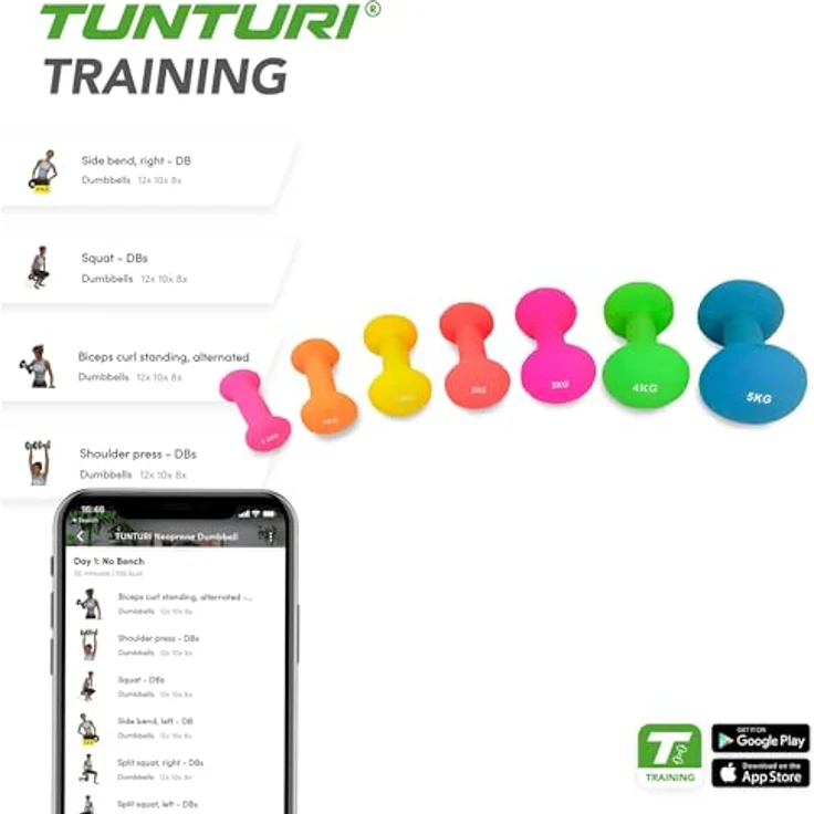 Tunturi 2er Set Kurzhantelset, Fitnessset, 3 kg, Bunte Neopren Hanteln für Ganzkörpertraining – Bild 3