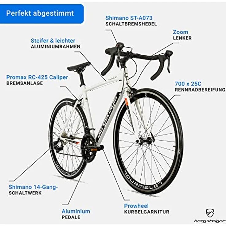 Bergsteiger Tourmalet 28 Zoll Rennrad, Aluminium Gravelbike in mattem Schwarz mit Shimano 14 Gang-Schaltung, nur 11 kg, für Herren & Damen ab 170 cm geeignet – Bild 5