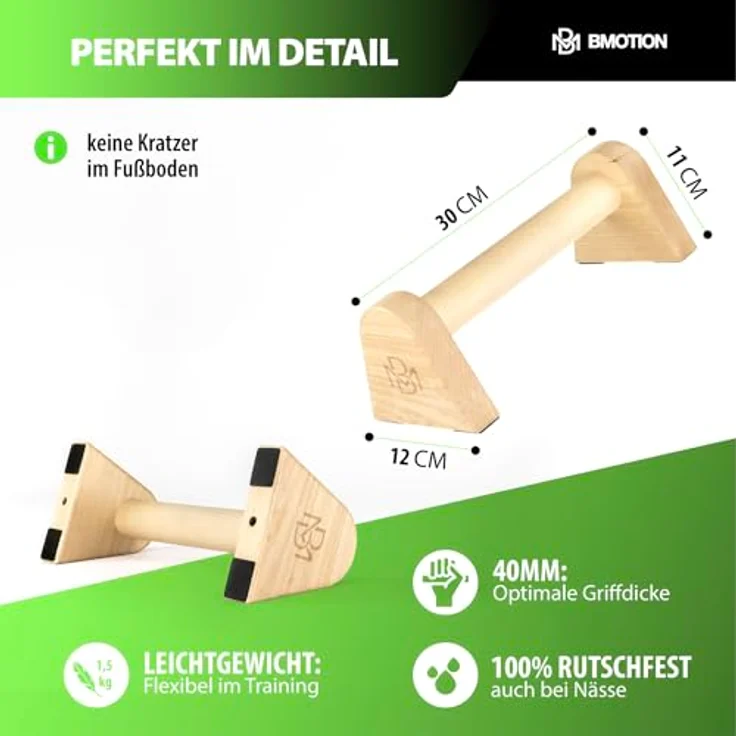 Müller & Blum Premium Holz Liegestützgriffe/nachhaltige und rutschfeste Calisthenics Parallettes/Yoga, Liegestütze oder Handstand Griffe/Push Up Bar für In- und Outdoor/Minibarren – Bild 2