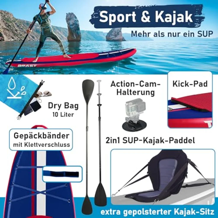 BRAST SUP Board Shark, Aufblasbares Stand up Paddle Set 320x81x15cm, 2in1 Paddel mit Kajak-Sitz, 5 Jahre Garantie, inkl. Zubehör und Action-Cam-Halterung, 8 Designs – Bild 5