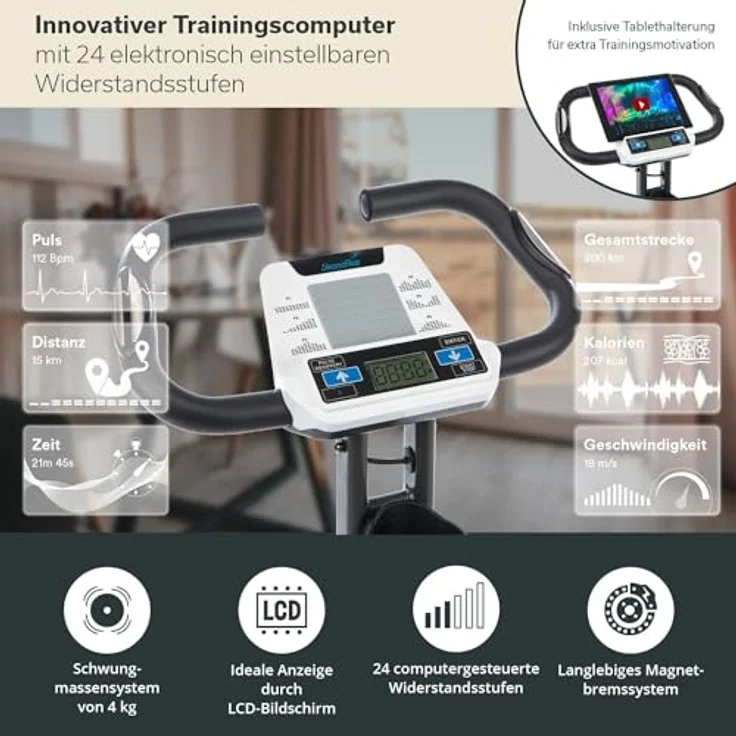 Skandika Foldaway X-2000 Fitnessbike zusammenklappbar mit Bluetooth, Tablet Halterung, Rückenlehne, Multifunktionscomputer, Handpulssensoren und 16-stufiger, computergesteuerter Widerstand – Bild 2