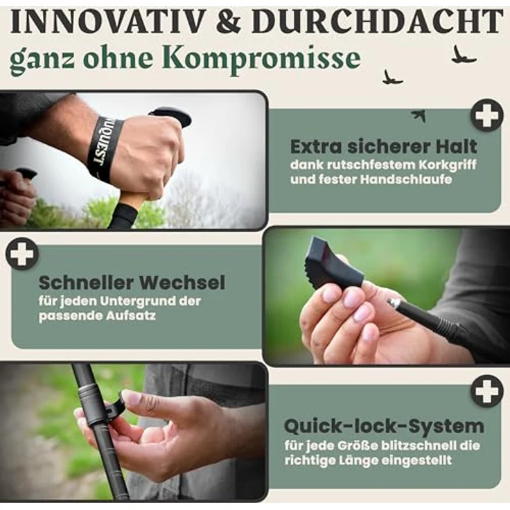 Pinuquest Teleskop Wanderstöcke Aluminium (260g) - verstellbar von 95-200 cm, ergonomischer Kork Griff, 4 Aufsätze für jedes Gelände, schwarz – Bild 5