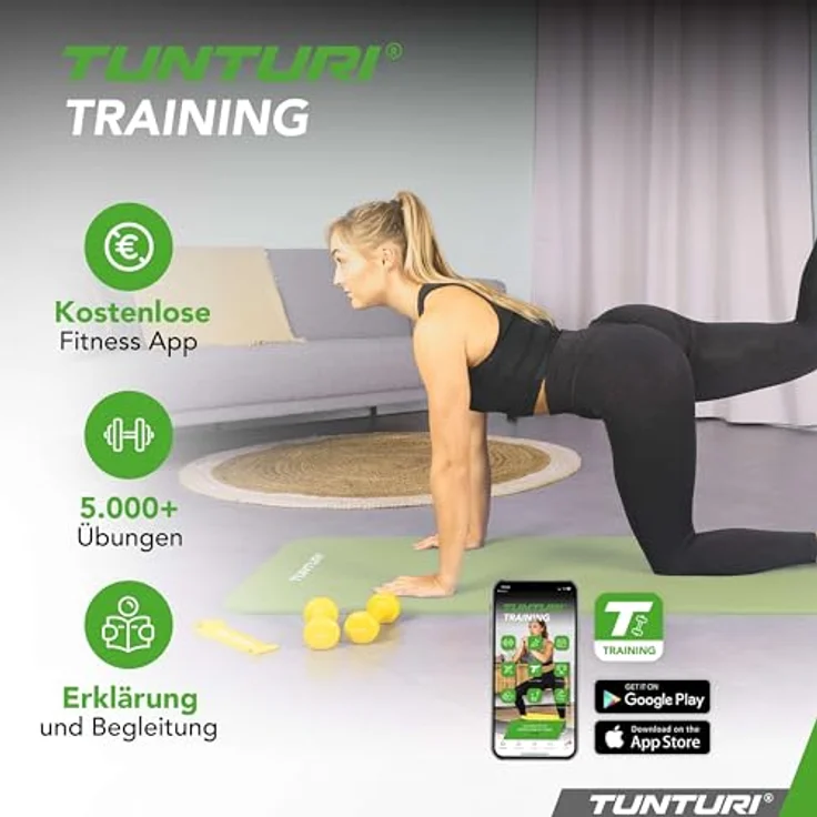 Tunturi NBR-Fitnessmatte, 15 mm, 180 cm x 60 cm, pflegeleicht, inklusive Tragetasche – Bild 9