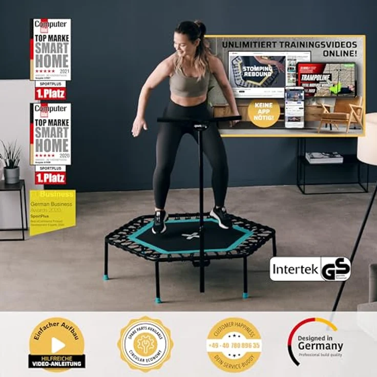 SportPlus Fitness Trampolin für zuhause, mit Haltestange (5-Fach höhenverstellbar), weiche Gummiseilfederung, sehr leise & bis 130 kg belastbar – Bild 3