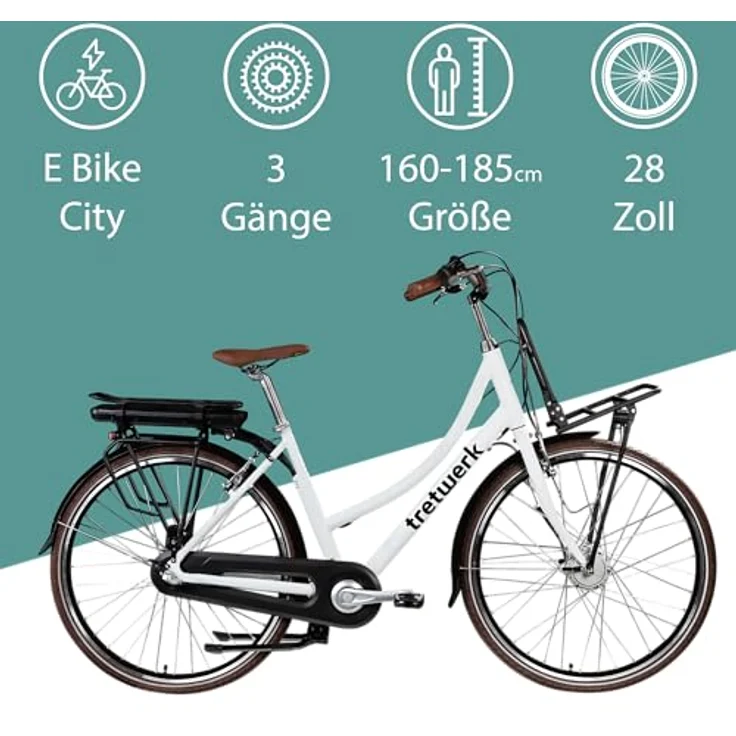 Tretwerk Sophia E-Bike, 28 Zoll Pedelec mit 3 Gängen, 522 Wh Akku, Bluetooth und App, schwarz/weiß – Bild 2