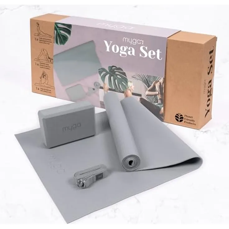 Myga Yoga Starter Kit, Komplettes Set mit rutschfester Yogamatte (4 mm), Yogablock & Yogagurt, grau, ideal für Anfänger und unterwegs
