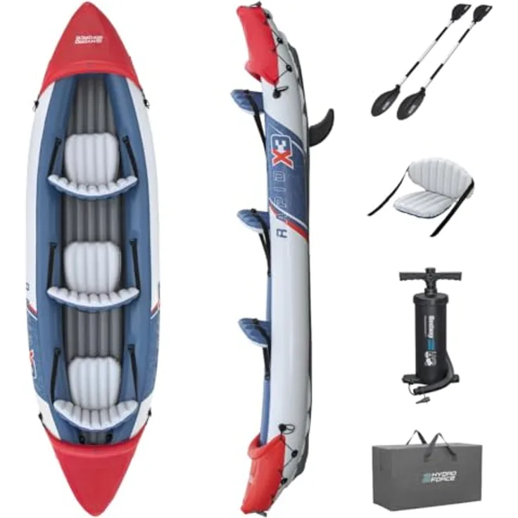 Bestway Hydro Force Rapid X3 Kajak-Set, aufblasbar für 3 Erwachsene, 280 kg Tragfähigkeit, Inflata-Shield Pro-Material, 3 Luftkammern, GS-zertifiziert, inkl. Paddel und Doppelhubkolbenpumpe