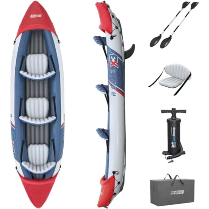 Bestway Hydro Force Rapid X3 Kajak-Set, aufblasbar für 3 Erwachsene, 280 kg Tragfähigkeit, Inflata-Shield Pro-Material, 3 Luftkammern, GS-zertifiziert, inkl. Paddel und Doppelhubkolbenpumpe – Bild 1
