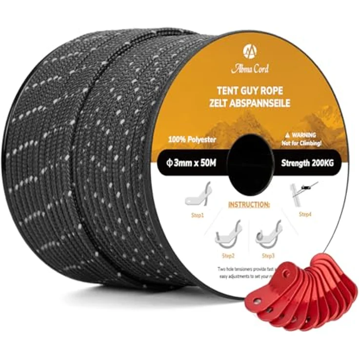 Abma Cord Zelt-Abspannseile, 50M reflektierende Schnur mit 200 kg Bruchlast und 10 Spanner, Schwarz – Bild 1